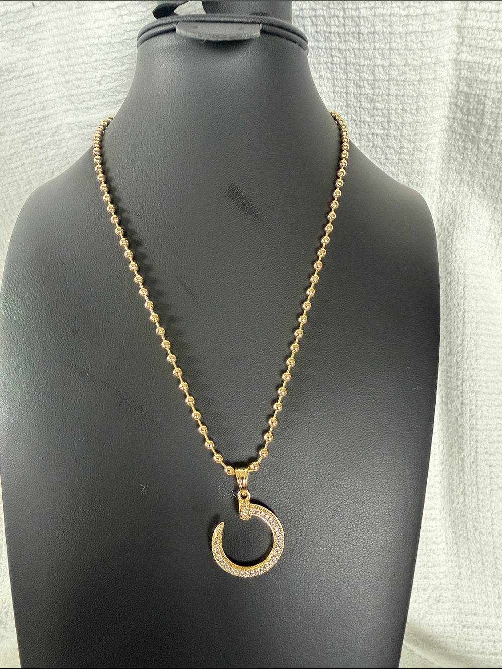 Source Unknown Gold Crescent Pendant Necklace with Pavé Accent